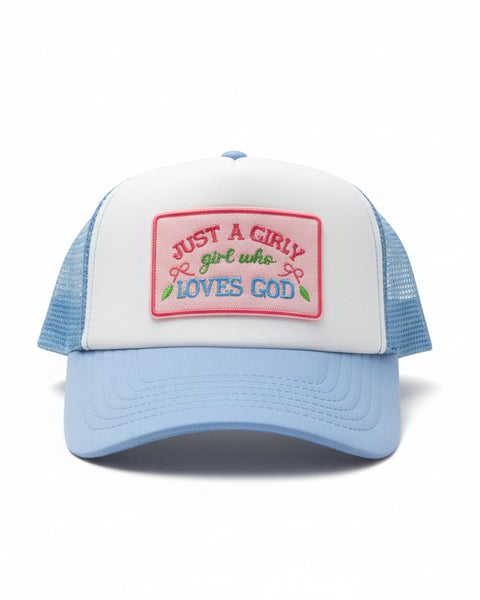 JUST A GIRLY WHO LOVES JESUS TRUCKER CAP - LIGHT BLUE/WHITE