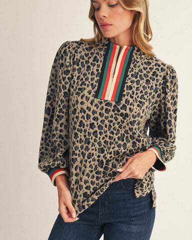 ZIP UP TEXTURED TOP- LEOPARD TAUPE