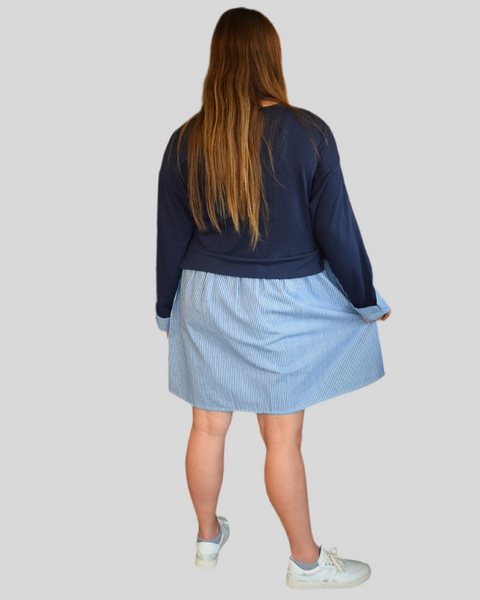 MIXED FABRIC LONG SLEEVE DRESS - NAVY