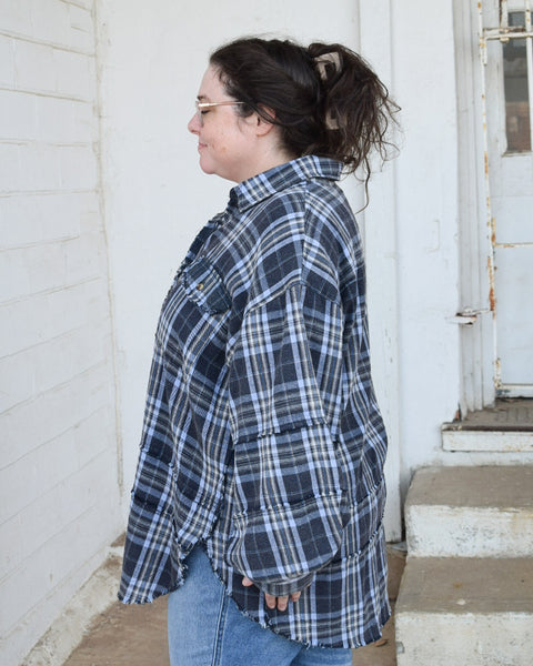 LONG SLEEVE MINERAL WASHED PLAID TOP BY EASEL - NAVY