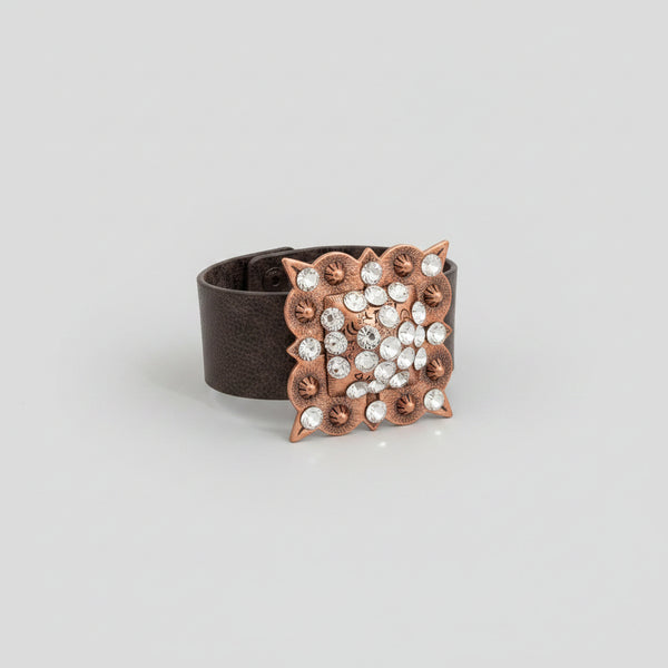 Square Medallion with Rhinestones Leather Cuff Bracelet - Copper