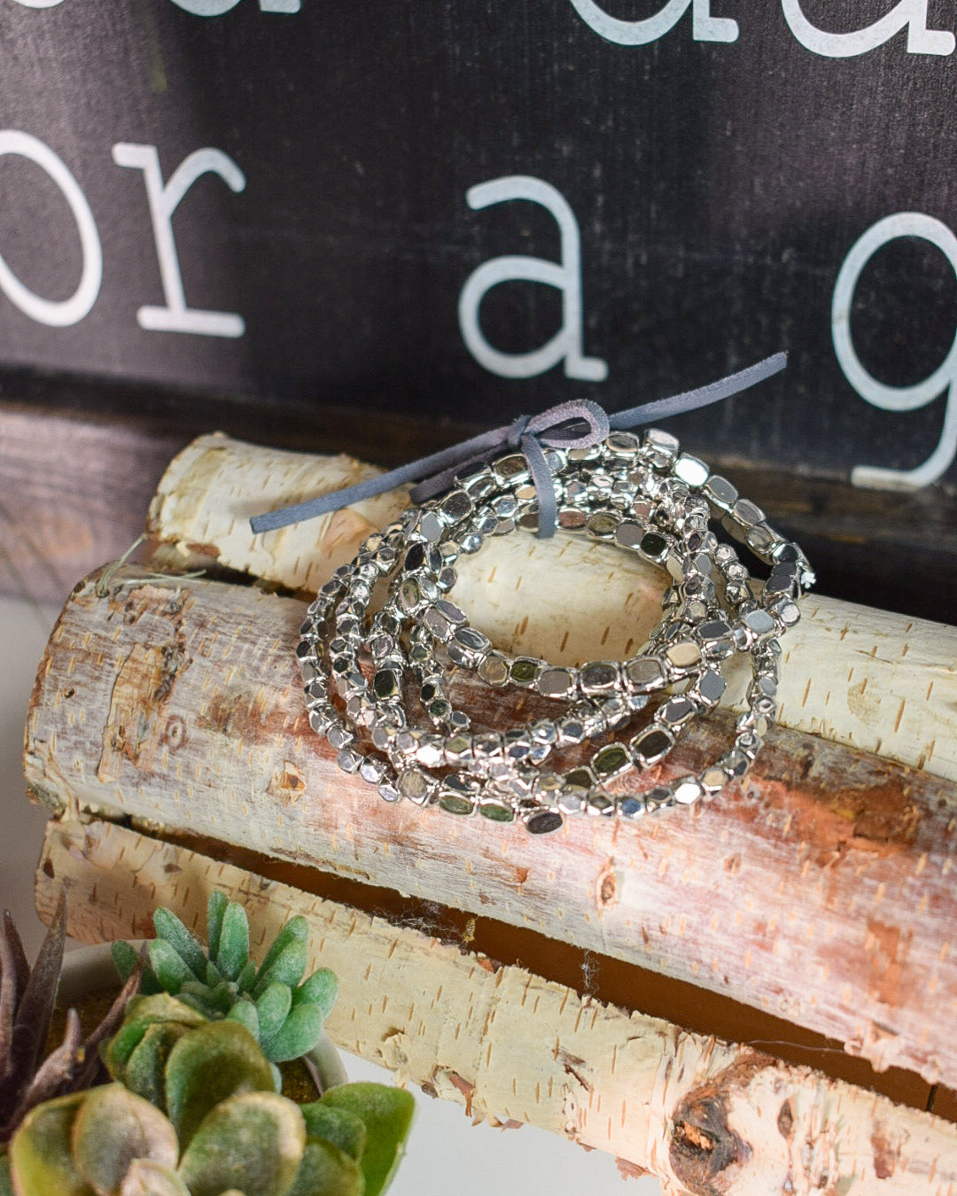 SILVER GLASS BEAD STRETCHY BRACELETS - SET OF 5