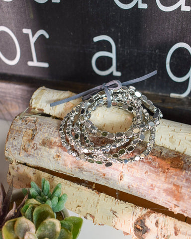 SILVER GLASS BEAD STRETCHY BRACELETS - SET OF 5