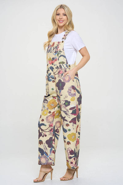 BOTANICAL FLORAL PRINT OVERALL - BEIGE