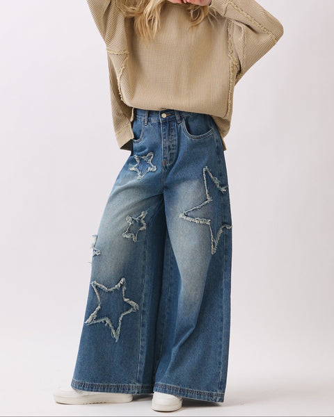 STAR PATCHWORK WIDE LEG DENIM PANT - DENIM
