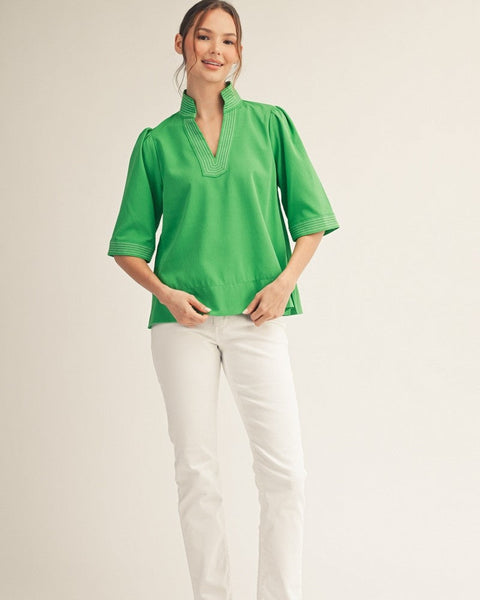 Stitch Detail Standing Neckline Solid Top - GREEN - Salty Lime Boutique