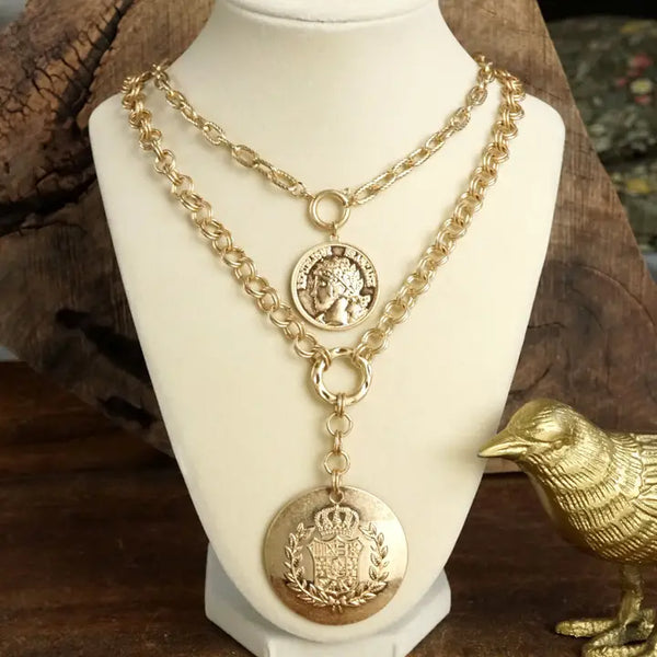 MULTI-LAYER 2-IN-1 COIN LARIAT STATEMENT NECKLACE - WORN GOLD