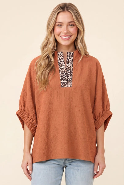 Justine Leopard Trim Blouse - Rust - Reg/Curvy