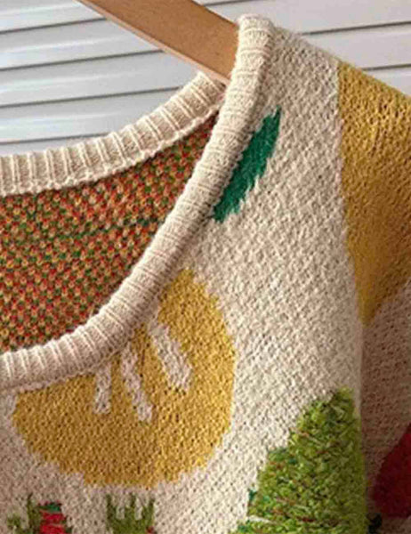 VEGGIE GARDEN JACQUARD BUTTONED CARDIGAN - CREAM - REG/CURVY