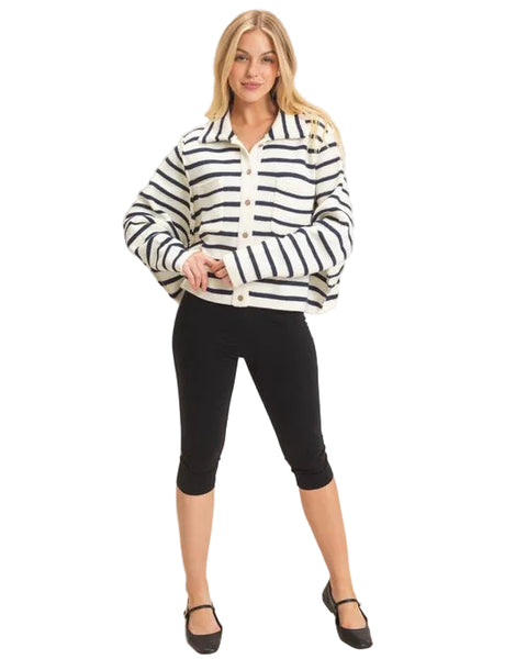 Coastal Charm Striped Button-Front Cardigan - Cream/Navy