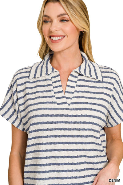 Striped Split Neck Collared Top: DENIM - Salty Lime Boutique