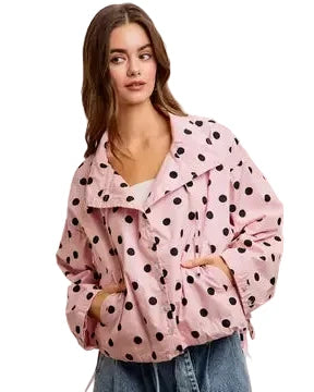 Polka Dot Hooded Windbreaker Jacket - Reg/Curvy - Dusty Pink - Salty Lime Boutique
