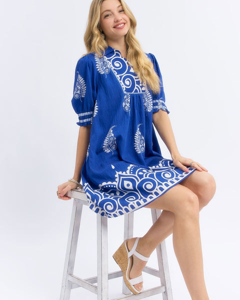PAISLEY DRESS - BLUE - REG/CURVY Paisley Mandala Print Babydoll Dress 5754 - Salty Lime Boutique