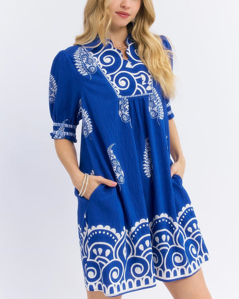 PAISLEY DRESS - BLUE - REG/CURVY Paisley Mandala Print Babydoll Dress 5754 - Salty Lime Boutique