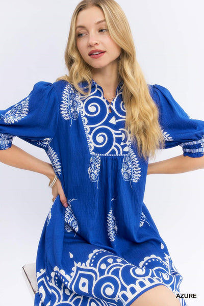 PAISLEY DRESS - BLUE - REG/CURVY Paisley Mandala Print Babydoll Dress 5754 - Salty Lime Boutique