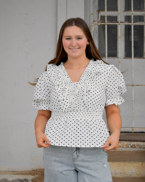SHORT SLEEVE WOVEN POLKA DOT PRINT SMOCKED NECK RUFFLED PEPLUM TOP - Salty Lime Boutique