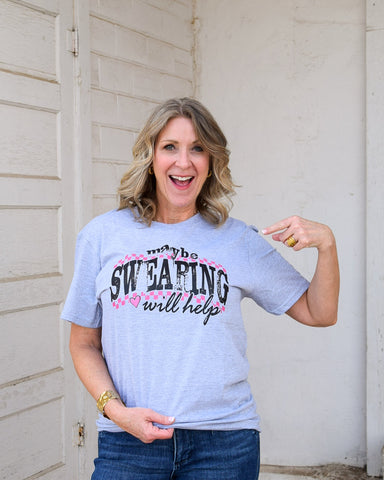 MAYBE SWEARING HELPS GRAPHIC TEE- HEATHERED GREY
