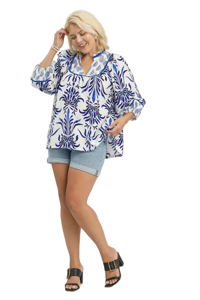 ANGELA BLUE MIX PRINTED BLOUSE - CURVY - Salty Lime Boutique