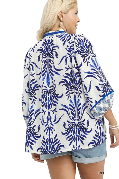 ANGELA BLUE MIX PRINTED BLOUSE - CURVY - Salty Lime Boutique