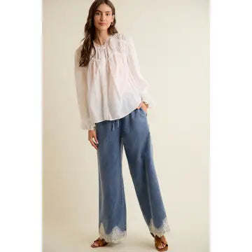 Elizabeth Denim Lace Trim Pants - Med Wash - Salty Lime Boutique