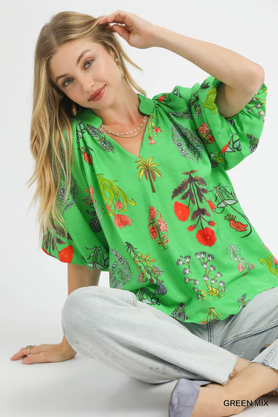 FLORAL ENCYCLOPEDIA PRINT BLOUSE - REG/CURVY - Salty Lime Boutique