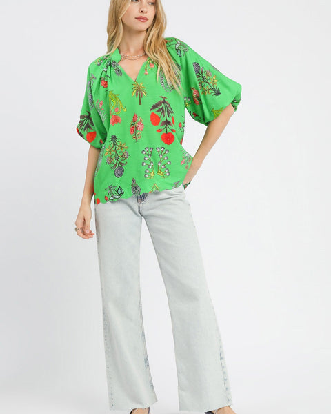FLORAL ENCYCLOPEDIA PRINT BLOUSE - REG/CURVY - Salty Lime Boutique