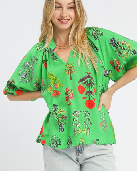 FLORAL ENCYCLOPEDIA PRINT BLOUSE - REG/CURVY - Salty Lime Boutique