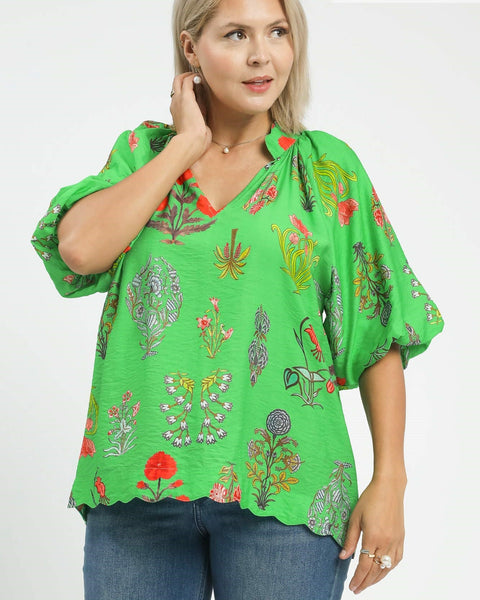FLORAL ENCYCLOPEDIA PRINT BLOUSE - REG/CURVY - Salty Lime Boutique