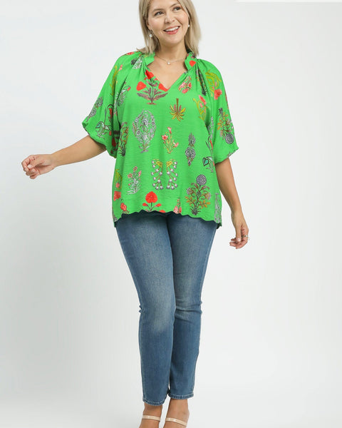 FLORAL ENCYCLOPEDIA PRINT BLOUSE - REG/CURVY - Salty Lime Boutique