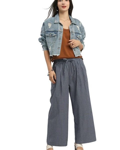 STRIPED WIDE LEG PANT BY UMGEE - NAVY - REG/CURVY  5944 - Salty Lime Boutique