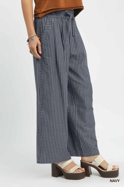 STRIPED WIDE LEG PANT BY UMGEE - NAVY - REG/CURVY  5944 - Salty Lime Boutique