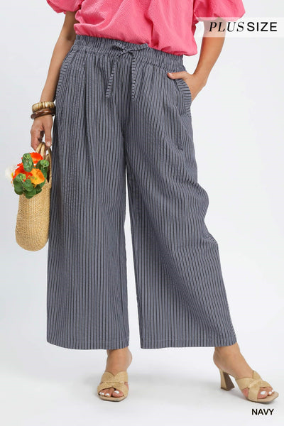 STRIPED WIDE LEG PANT BY UMGEE - NAVY - REG/CURVY  5944 - Salty Lime Boutique