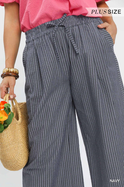 STRIPED WIDE LEG PANT BY UMGEE - NAVY - REG/CURVY  5944 - Salty Lime Boutique