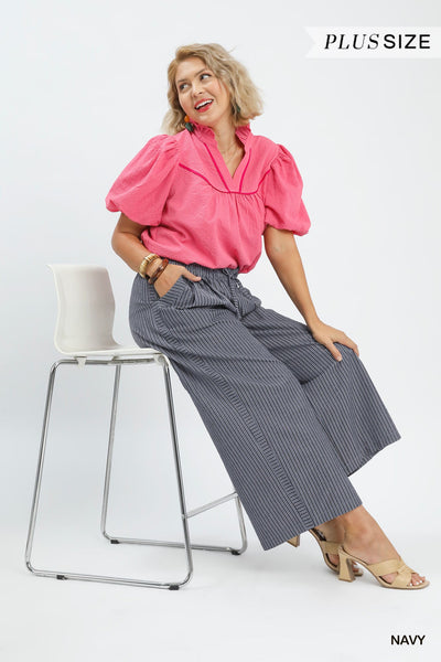 STRIPED WIDE LEG PANT BY UMGEE - NAVY - REG/CURVY  5944 - Salty Lime Boutique