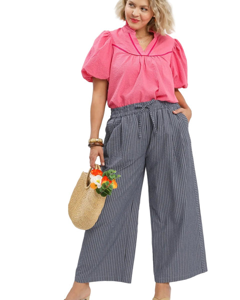 STRIPED WIDE LEG PANT BY UMGEE - NAVY - REG/CURVY  5944 - Salty Lime Boutique