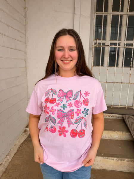 Cherries & Bows (Gildan Tee) : Light Pink / S - Salty Lime Boutique
