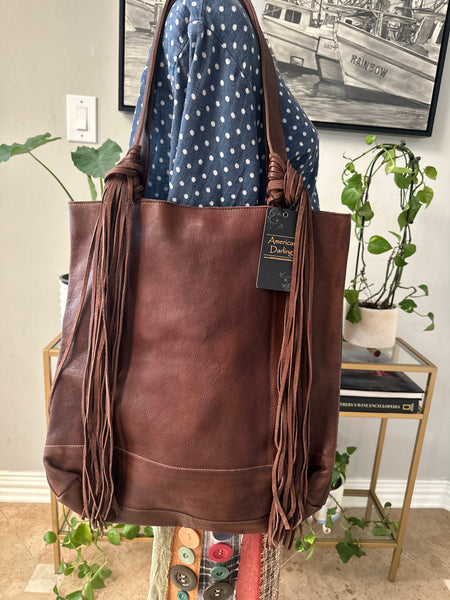 FRINGED WESTERN LEATHER TOTE - BROWN - Salty Lime Boutique