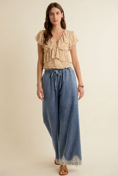 Elizabeth Denim Lace Trim Pants - Med Wash - Salty Lime Boutique