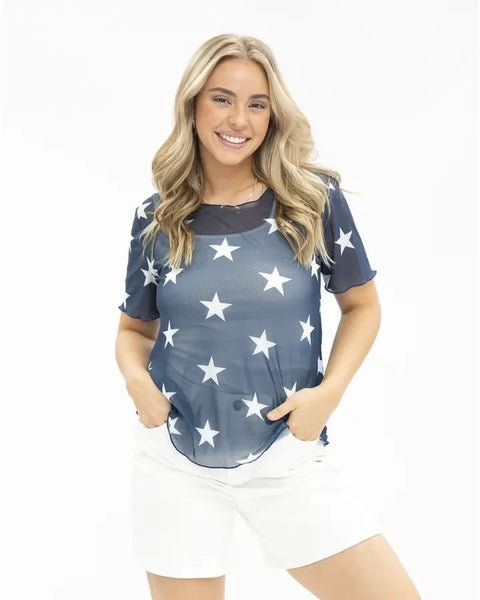 Mesh Short Sleeve Star Top - Navy
