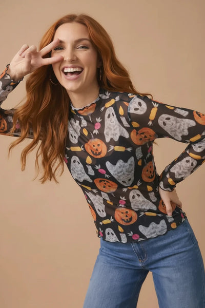 High Neck Pumpkin Ghost Merrow Hem Mesh Top - Black - Salty Lime Boutique