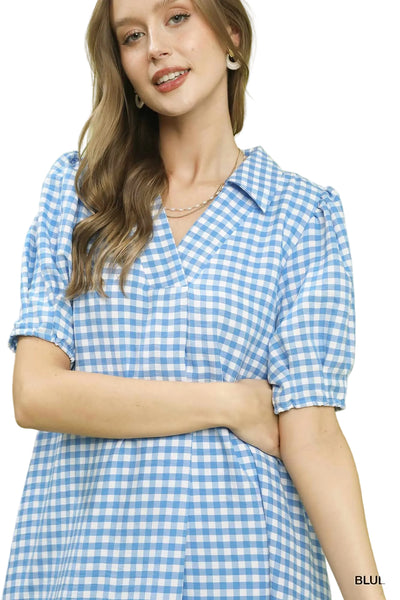 Gingham Midi Dress BY UMGEE - BLUE - Salty Lime Boutique