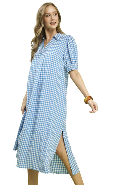 Gingham Midi Dress BY UMGEE - BLUE - Salty Lime Boutique