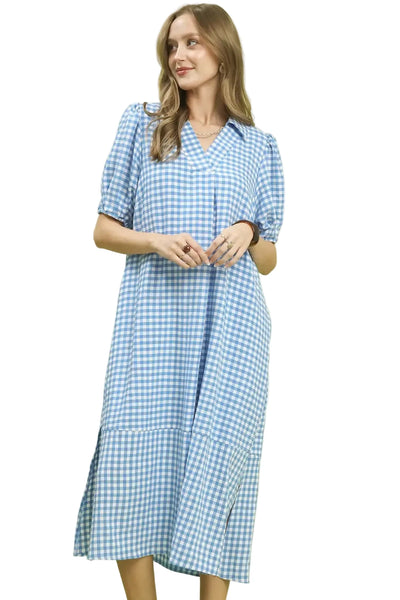 Gingham Midi Dress BY UMGEE - BLUE - Salty Lime Boutique