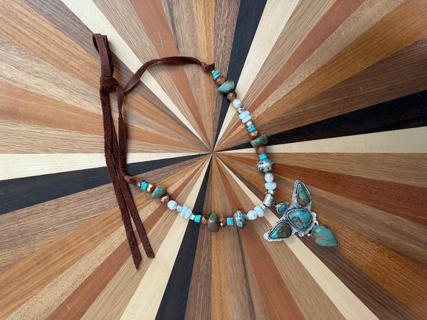 INDIAN EAGLE TURQUOISE NUGGET, PEARL, AND GLASS BEAD NECKLACE - BY A RARE BIRD