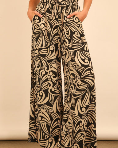 PRINTED WIDE LEG PALAZZO PANTS - BLACK REG/CURVY