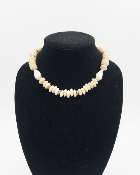 Natural Wooden Disc Bead & Pearl Necklace