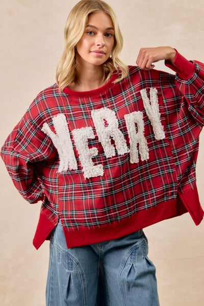 MERRY CHRISTMAS PLAID SWEATSHIRT - RED