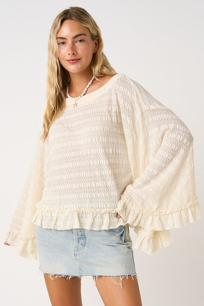 Flowy Batwing Sleeve Boat Neck Ruffle Hem Top - Salty Lime Boutique