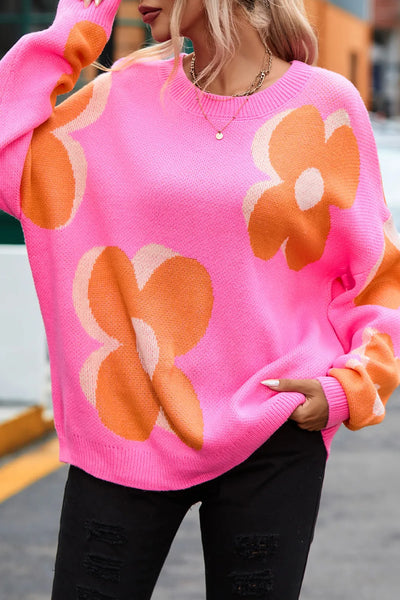 FIERY FLOWER PATTERN  SWEATER - PINK