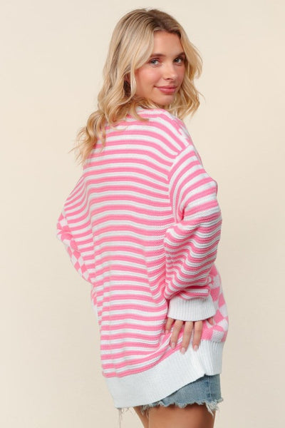 PRICILLA CHECKERED & STRIPED CARDIGAN - PINK